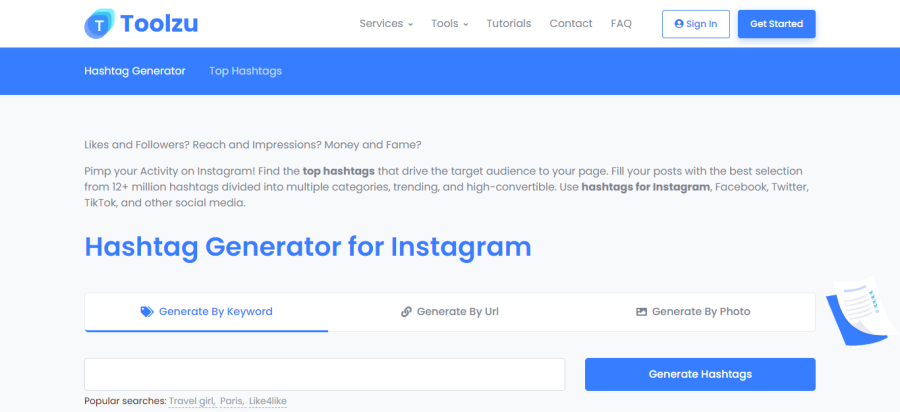 Toolzu - gerador de hashtag do Instagram