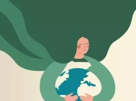 Sebuah gambar yang mewakili bagaimana menanamkan keberlanjutan dalam bisnis dengan gambar seorang wanita dengan rambut hijau mengalir merangkul planet ini