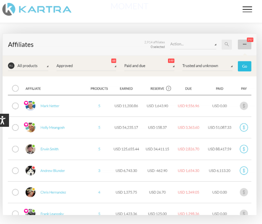 Dashboard marketing di affiliazione Kartra