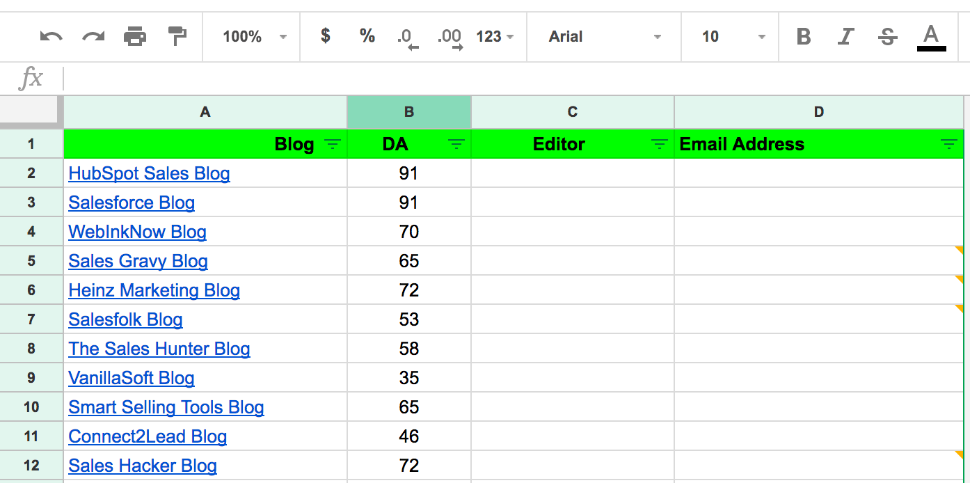 Situs web daftar spreadsheet dan otoritas domainnya