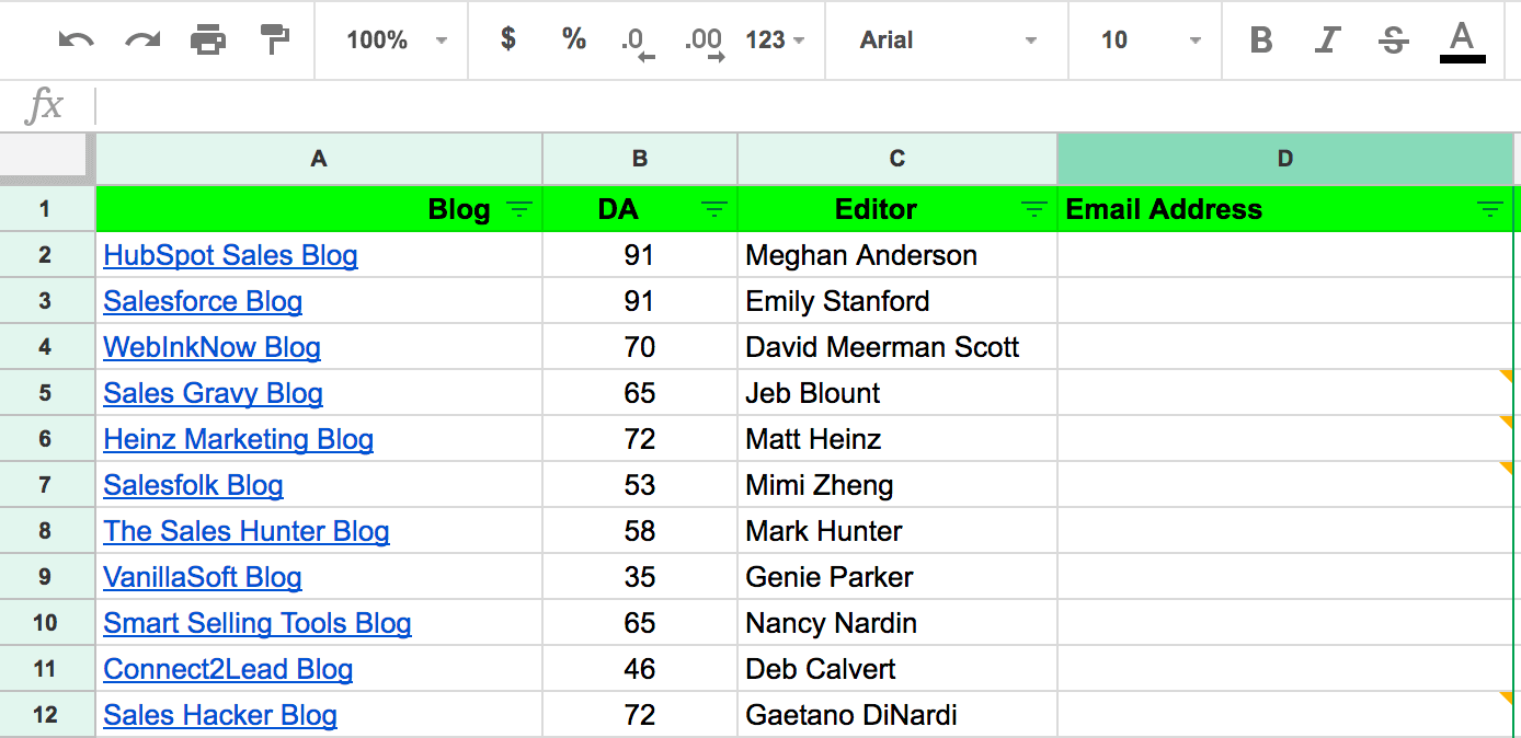 Tabelle mit Blogs, Domänenautorität und Redakteuren