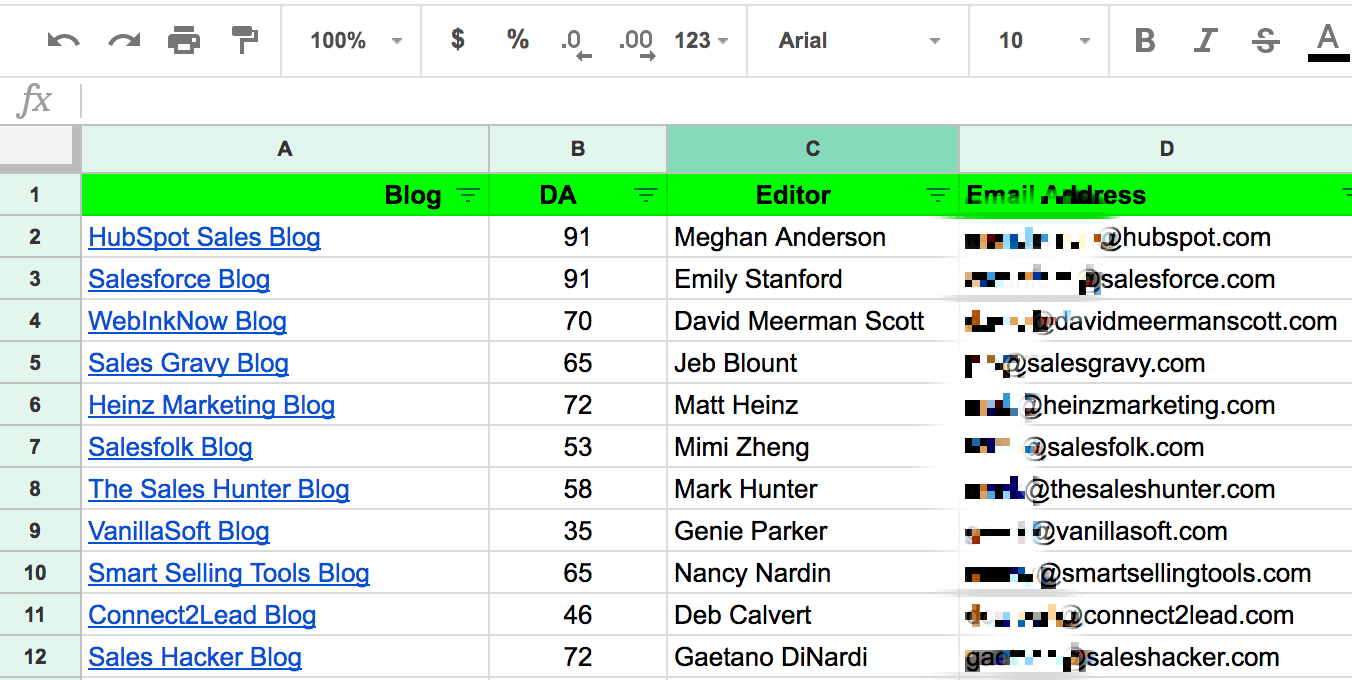 Spreadsheet yang menampilkan blog, otoritas domain, editor, dan alamat email