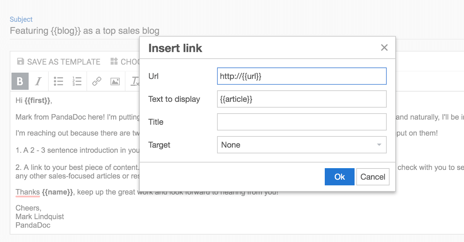 Interface pour insérer des liens