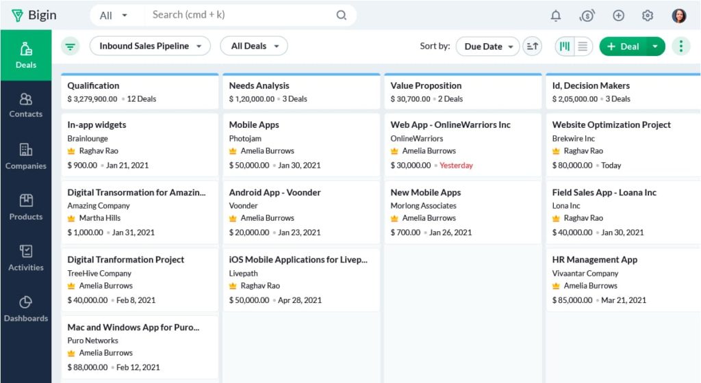 ซอฟต์แวร์การจัดการรายชื่อติดต่อของ Zoho Bigin แบบเต็มหน้าจอของหน้าดีล Bigin ได้รับการออกแบบมาสำหรับธุรกิจขนาดเล็กถึงขนาดกลาง ดังนั้นหากบริษัทของคุณจัดประเภทว่ามีขนาดใหญ่กว่า สิ่งนี้อาจไม่เหมาะกับคุณ เช่นเดียวกับซอฟต์แวร์การจัดการที่อยู่ติดต่อส่วนใหญ่ Bigin ทำให้ง่ายต่อการแสดงรายการผู้มีโอกาสเป็นลูกค้าของคุณทีละราย รายละเอียดข้อมูลการติดต่อของพวกเขา และกรองตามนั้น แต่ละดีลที่ทำขึ้นจากไปป์ไลน์การขายสามารถลากและวางไปยังขั้นตอนถัดไปของไทม์ไลน์ได้ ดูว่าพวกเขามีคุณสมบัติเหมาะสม ต้องการการวิเคราะห์เพิ่มเติม ได้รับใบเสนอราคา หรือถึงจุดสิ้นสุดเพื่อจัดประเภทเป็นชนะหรือแพ้ เพื่อให้อยู่เหนือกิจกรรมการขายที่ขั้นตอนเหล่านี้ต้องการ Bigin ได้กำหนดแท็บไว้อย่างชัดเจนสำหรับงาน เหตุการณ์ และการโทร