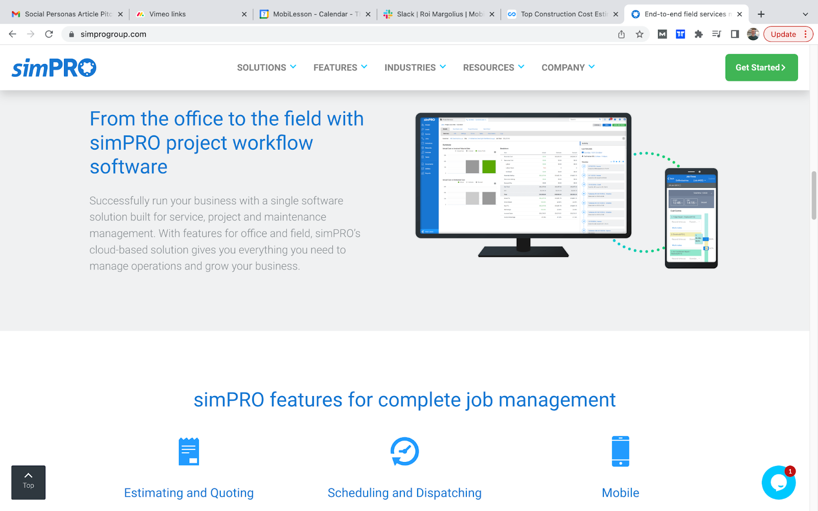 simpro Bauschätzungssoftware Homepage