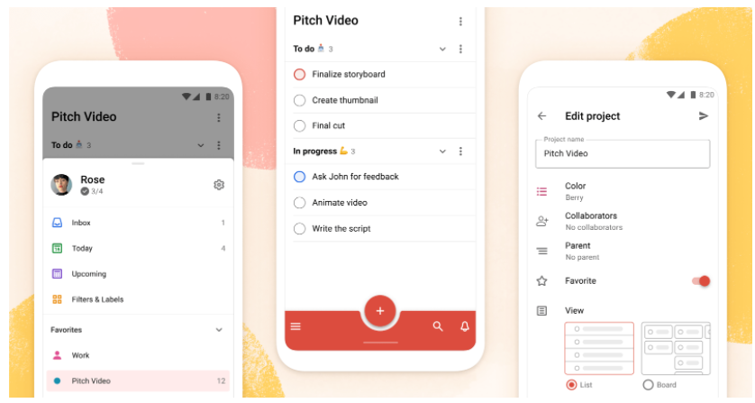 Aplikasi ToDoist ditampilkan di tiga smartphone