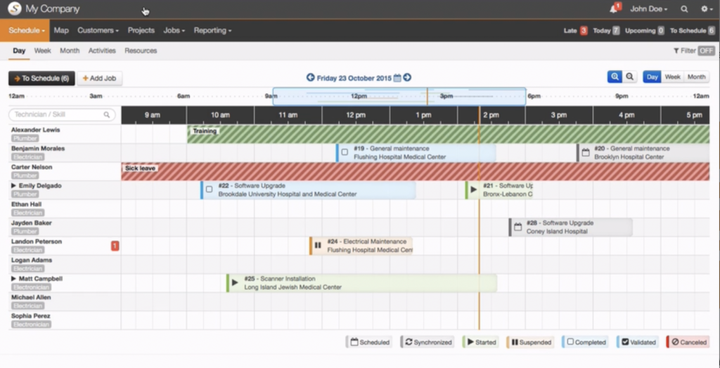 Benutzeroberfläche der Synchroteam-Außendienstverwaltungssoftware für den Zeitplan