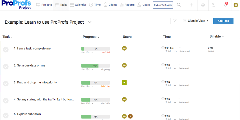 Antarmuka pengguna proyek ProProfs