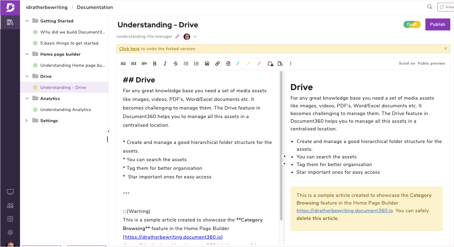 document360 knowledge management user interface