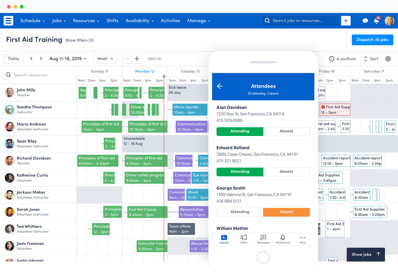 Skedulo scheduling program user interface