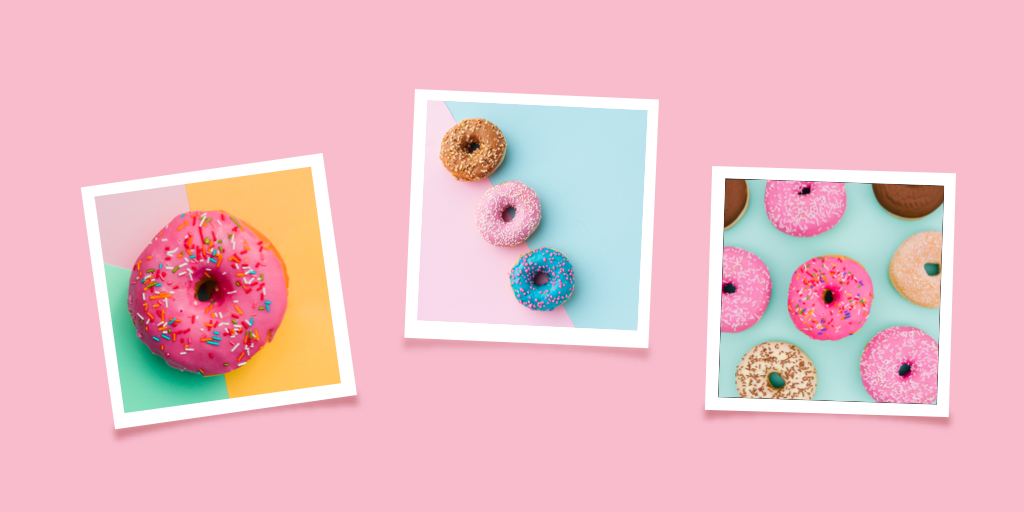 Wie man Instagram-Karussells mit Rückenwind postet – drei Polaroids von Donuts auf rosa Hintergrund