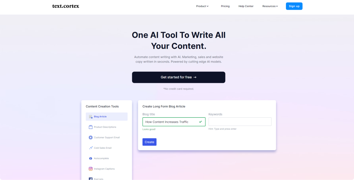 text-cortex-ai-copywriting-tool-landing-page-screen