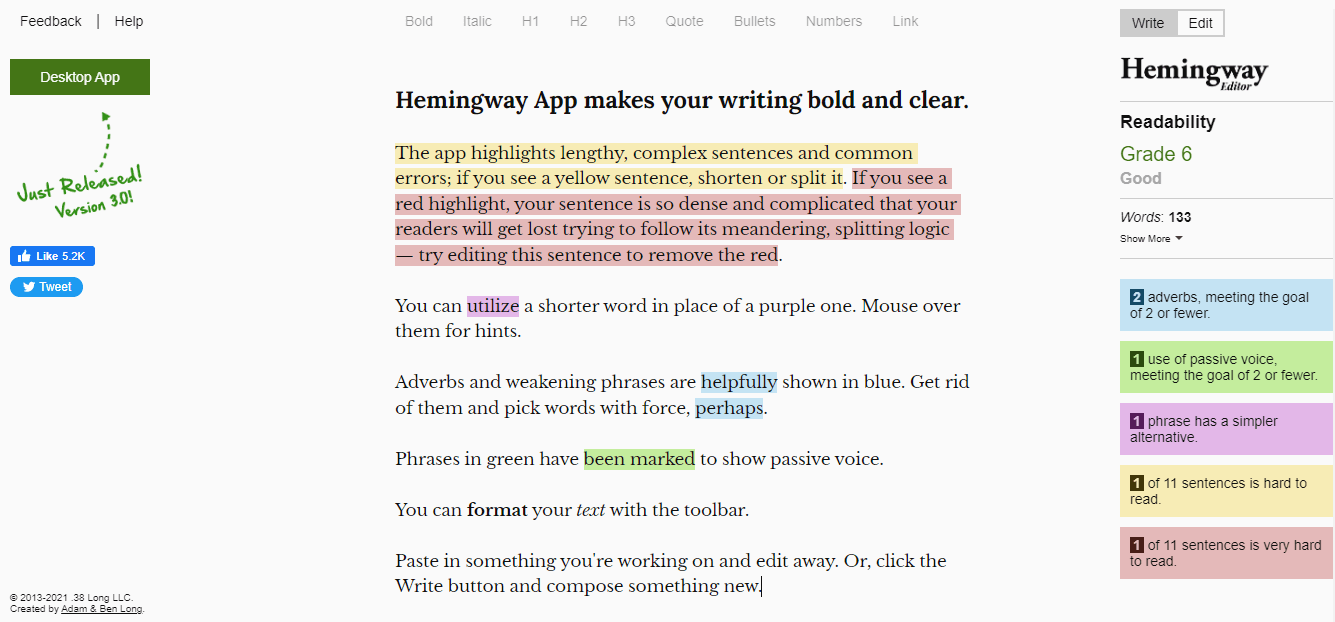 strumento per l'editor di contenuti di hemingway