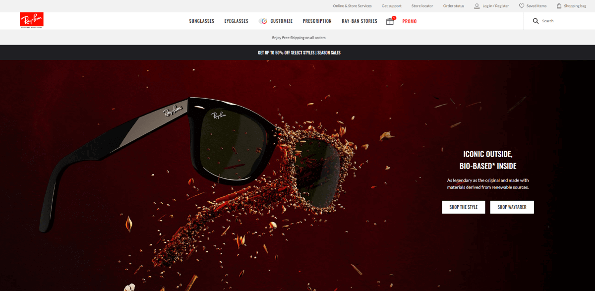 Pagina di destinazione del sito web di ray-ban