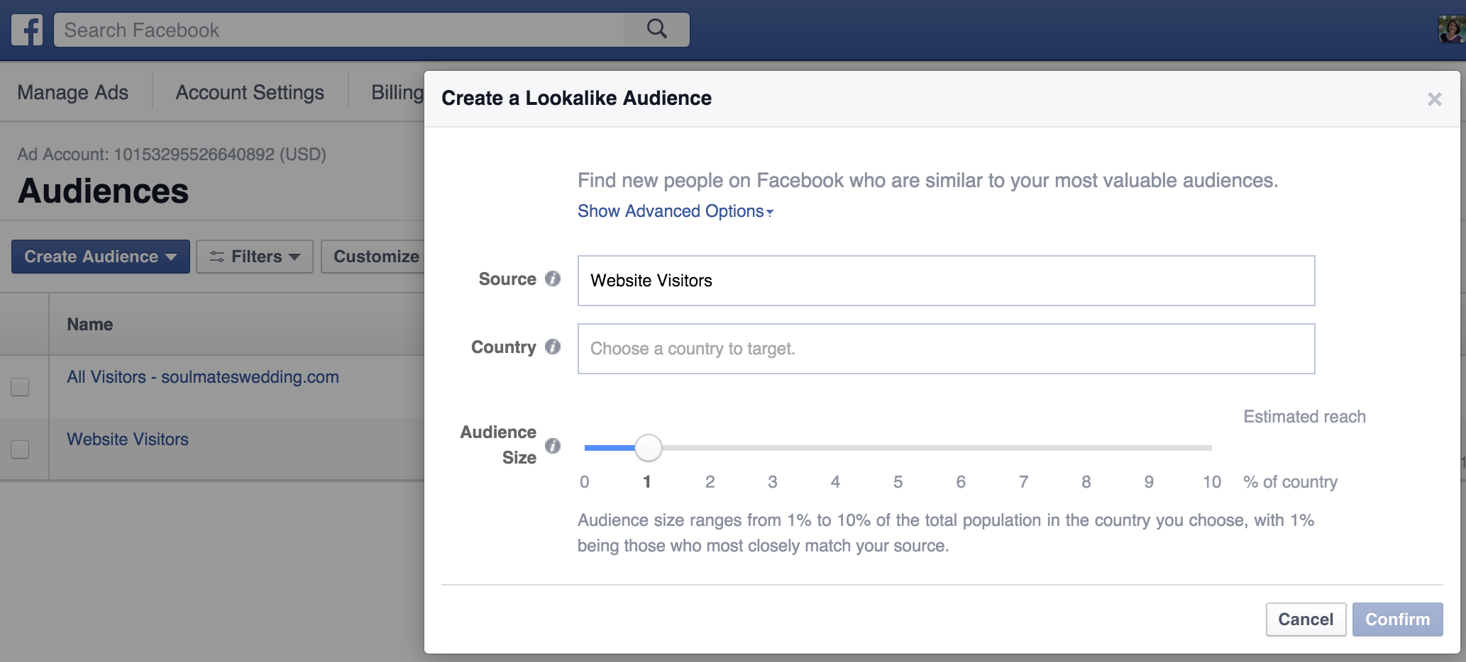 Capture d'écran des audiences personnalisées Facebook