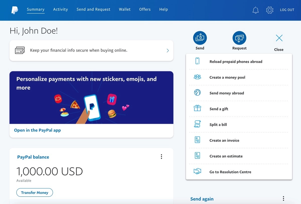 Captură de ecran a tabloului de bord PayPal