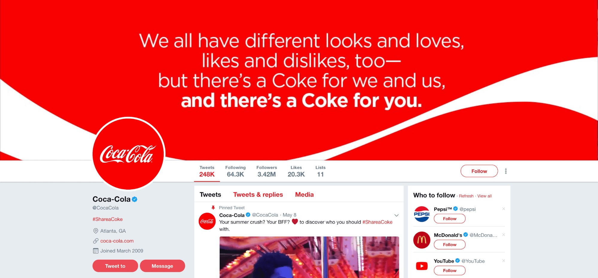 สกรีนช็อตของโปรไฟล์ Twitter ของ Coca-Cola