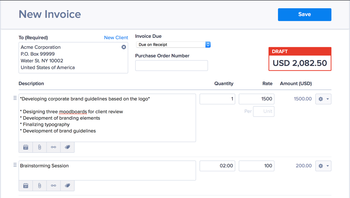 สกรีนช็อต: ตัวอย่างใบแจ้งหนี้แยกรายการจาก Hiveage