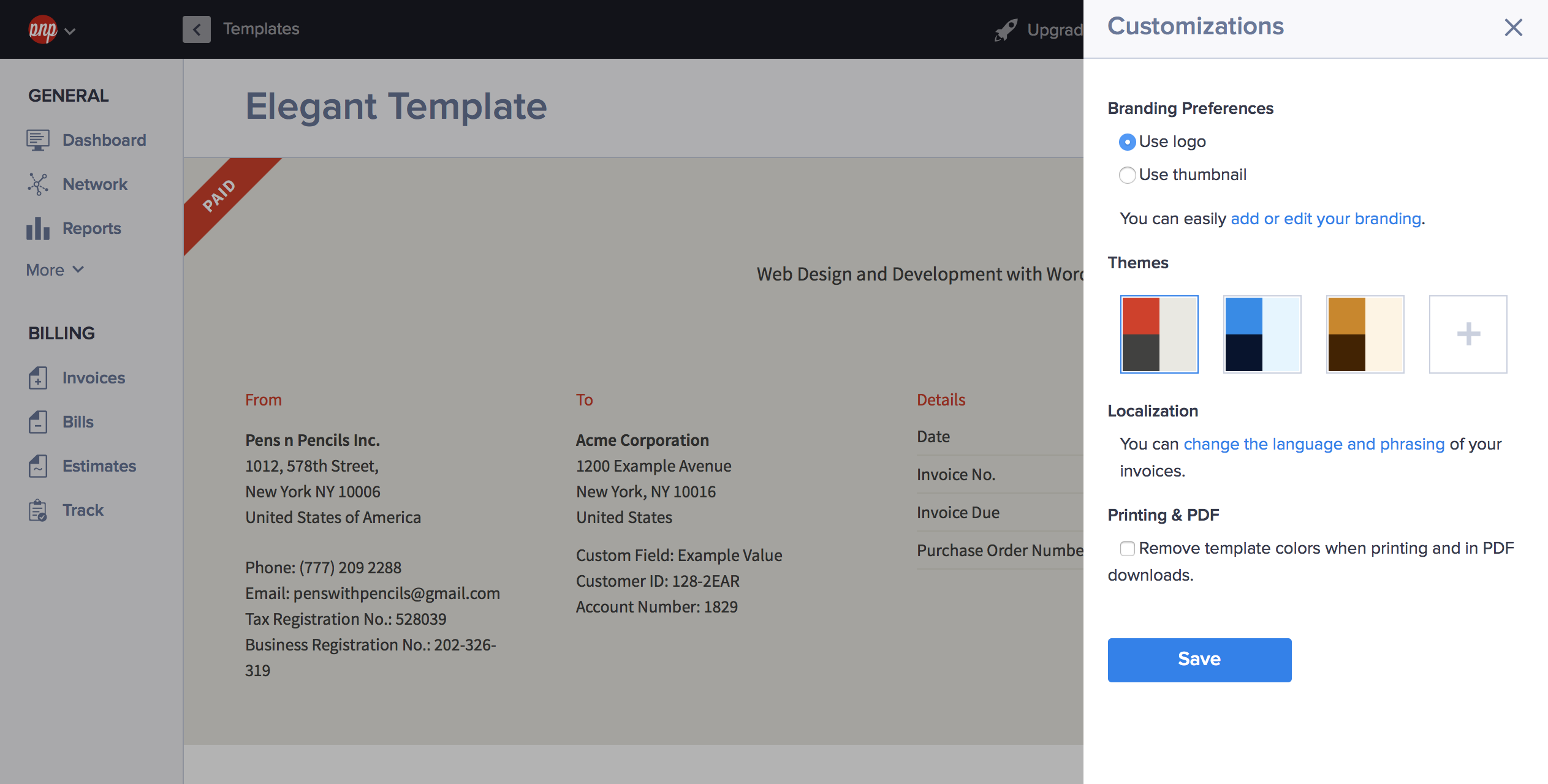 Modèle de facture personnalisable dans Hiveage