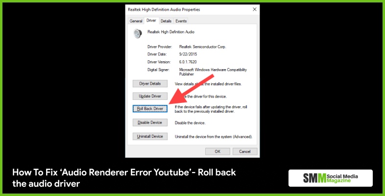 Como corrigir 'Erro de renderização de áudio Youtube' - Reverta o driver de áudio