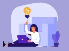 Uma mulher trabalha confortavelmente em seu laptop enquanto uma lâmpada brota de seu dedo indicador. Experimente soluções de gestão.