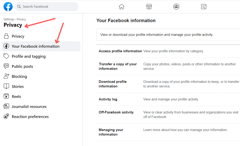 Elija Privacidad para ir a su información de Facebook