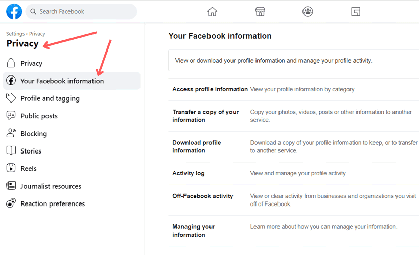 Choisissez Confidentialité pour accéder à vos informations Facebook