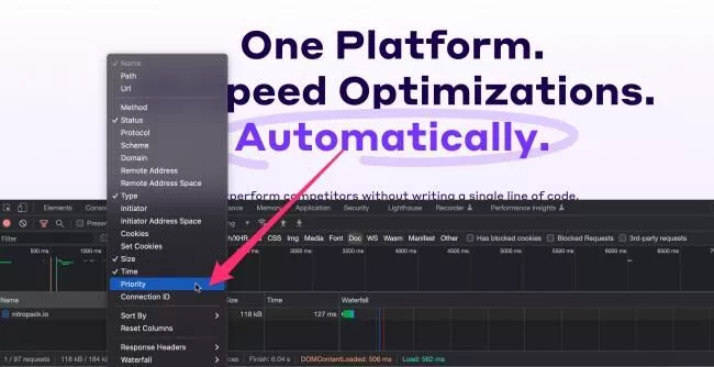 Столбец приоритета Chrome DevTools