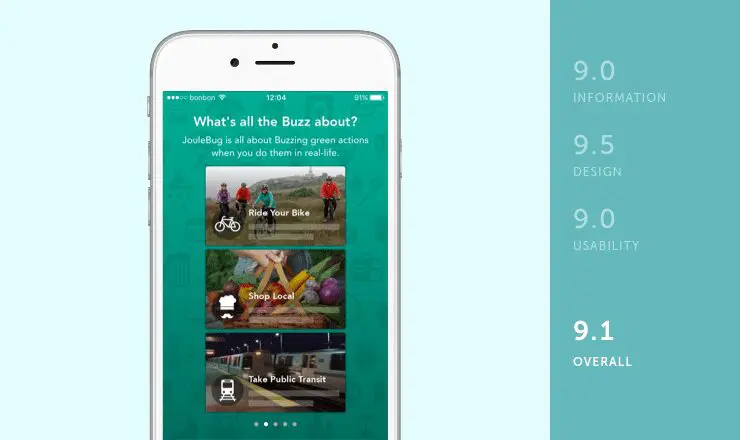 App mobile JouleBug valutata in base a informazioni, design e usabilità per conto del team Shoutem per la revisione delle app ambientali
