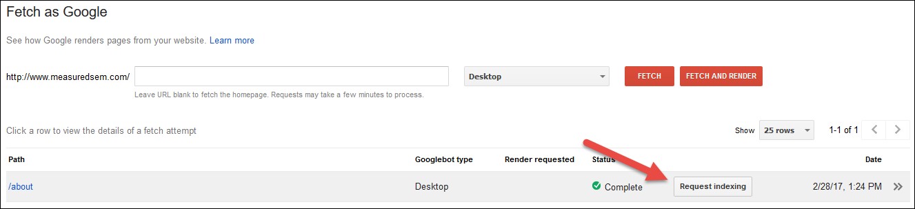 Capture d'écran de la demande d'indexation dans GSC