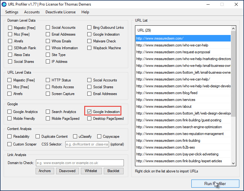 Comprobación del índice de Google con URL Profiler