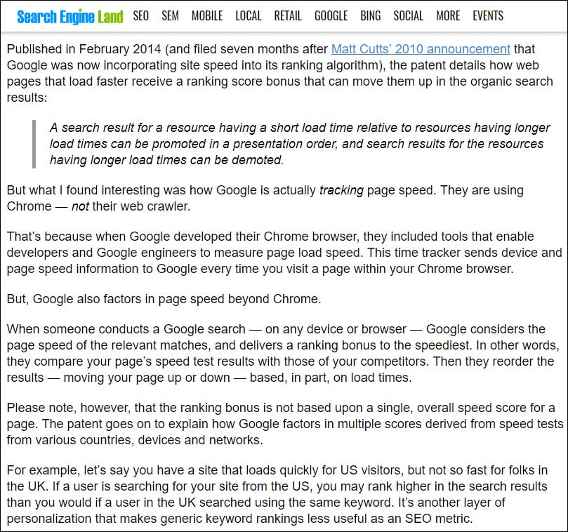 Hinweis zu Seitengeschwindigkeitsrankings aus Googles Patent zur Seitengeschwindigkeit