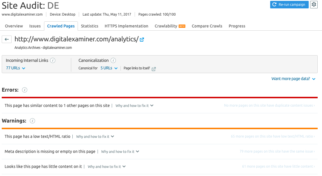 semrush は独自のサイト監査分析ツールを提供します