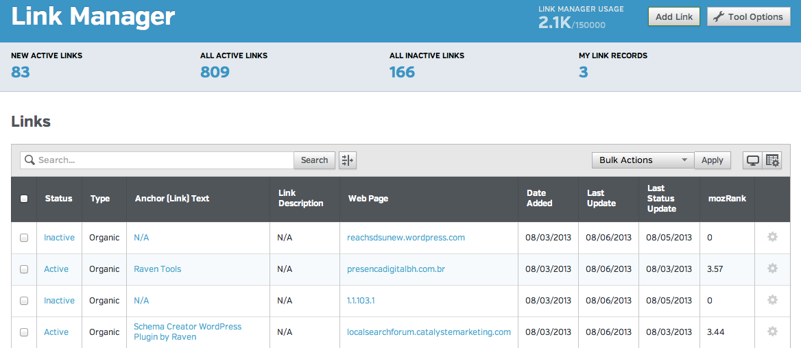 Raven Tools ofrece un administrador de enlaces para los esfuerzos de construcción de enlaces.