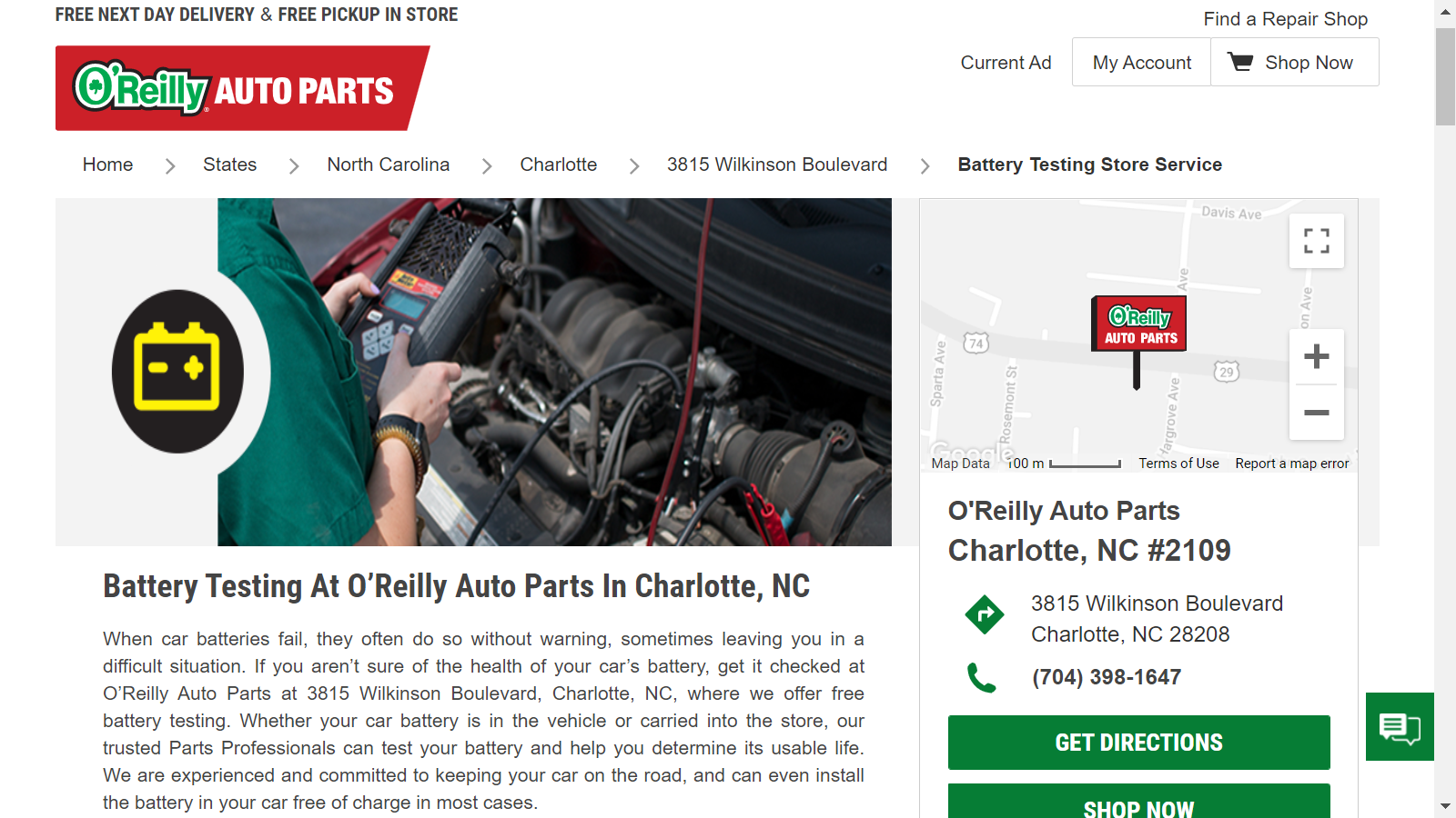 O'Reilly Auto Parts - Exemplo de páginas especializadas em teste de bateria