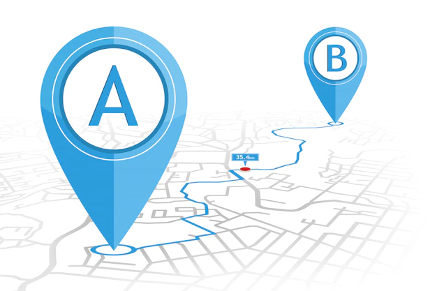 Broche de navigateur gps vectoriel vérifiant le point a au point b sur la carte des rues avec pointeur de distance