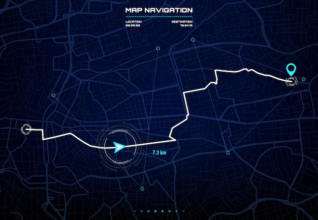 Şehir haritası navigasyon arayüzüne sahip vektör rota panosu. araba gps navigatör ekranı, şehir sokakları ve blokları, rota mesafe verileri, yol dönüşleri ve hedef etiketi veya işareti ile geleceğin otopilot sistemi ekranı