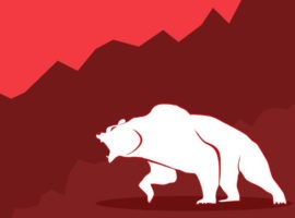 Beruang yang mengaum menerjang dengan latar belakang merah yang mewakili pasar beruang saat ini.
