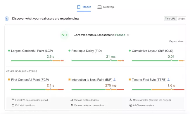 Evaluación de PSI Core Web Vitals