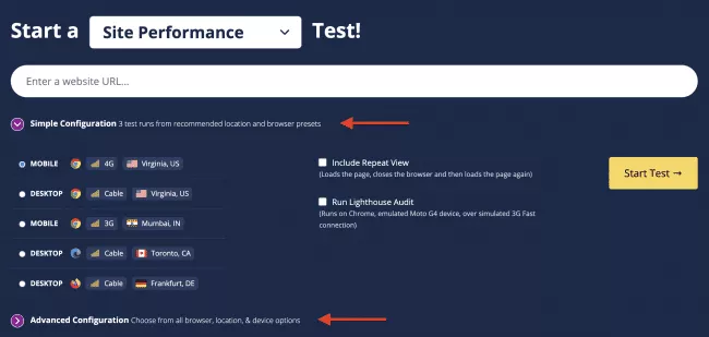 أوضاع تكوين WebPageTest