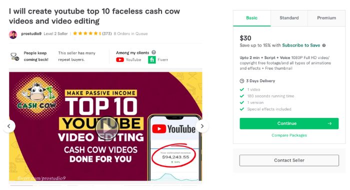 YouTube Cash cow Gig บน Fiverr
