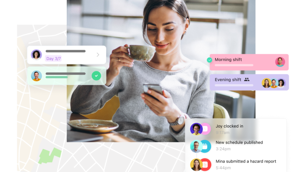 Gráfico mostrando mulher bebendo café e segurando o telefone, usando o aplicativo Connecteam para agendar e gerenciar funcionários