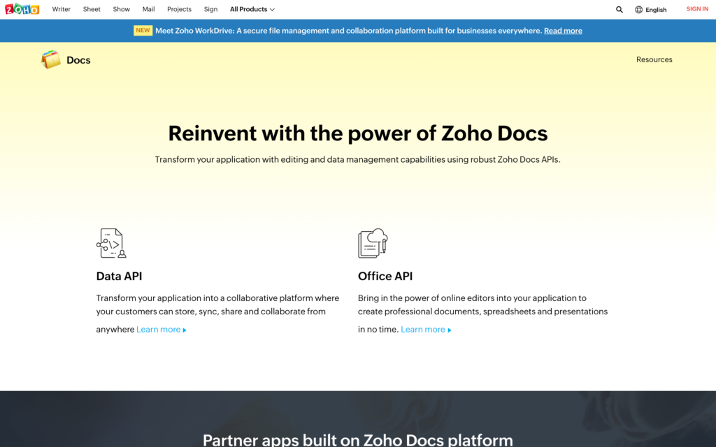 Captura de tela da página do Zoho Docs