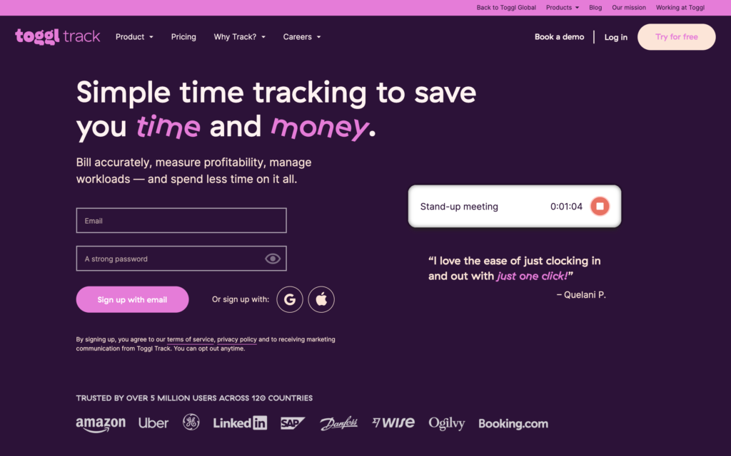 Toggl Track web sayfasının ekran görüntüsü