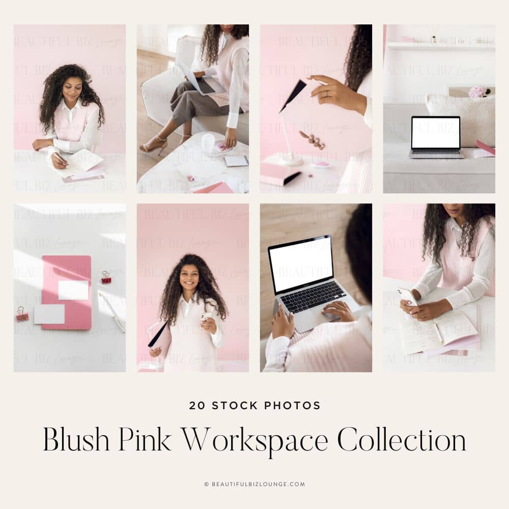 Foto stock dell'area di lavoro Blush Pink per donne imprenditrici di Beautiful Biz Lounge