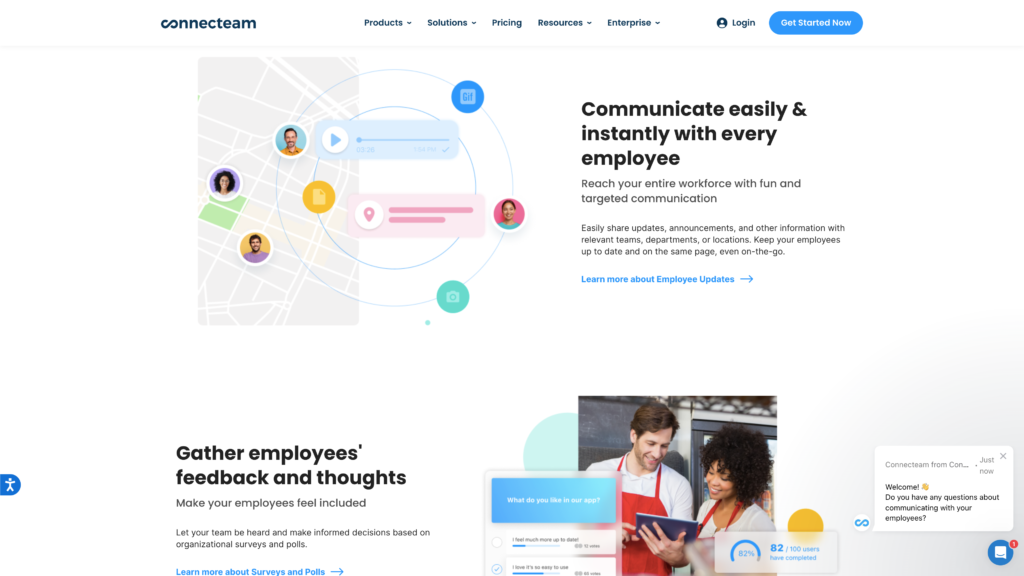 Sitio web de Connecteam, explicando los beneficios de su aplicación de comunicación interna