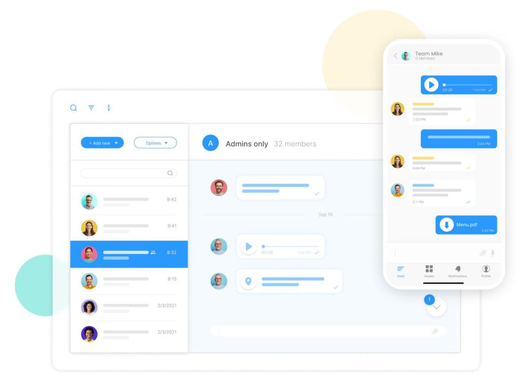 Previzualizare a funcției Chat (atât desktop, cât și mobil) de Connecteam - platformă de comunicare în cloud pentru afaceri