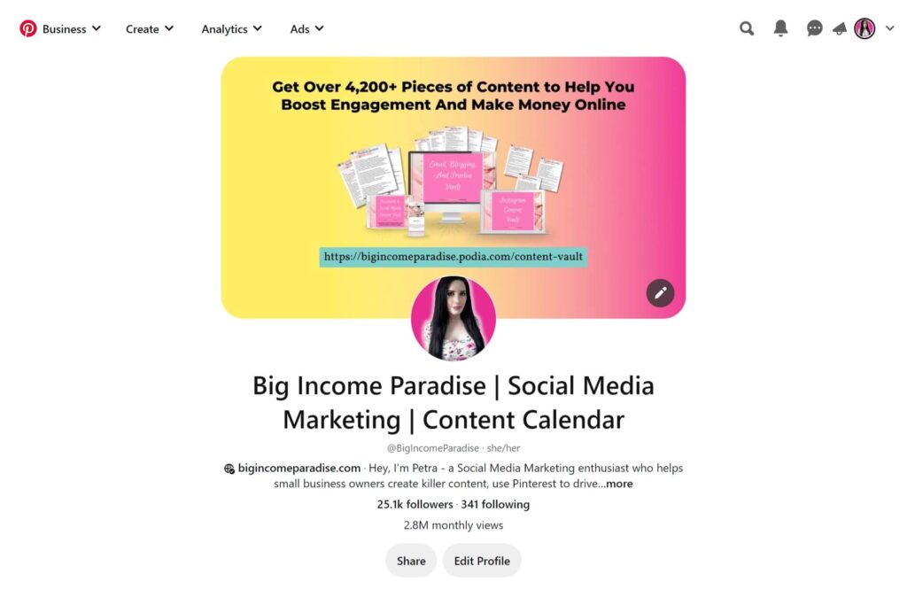 Conta comercial do Pinterest do Big Income Paradise