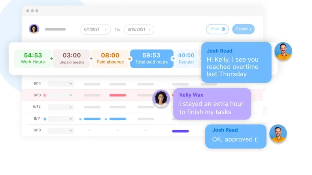 Graphique montrant la feuille de temps et les messages entre un employé et son superviseur sur Connecteam