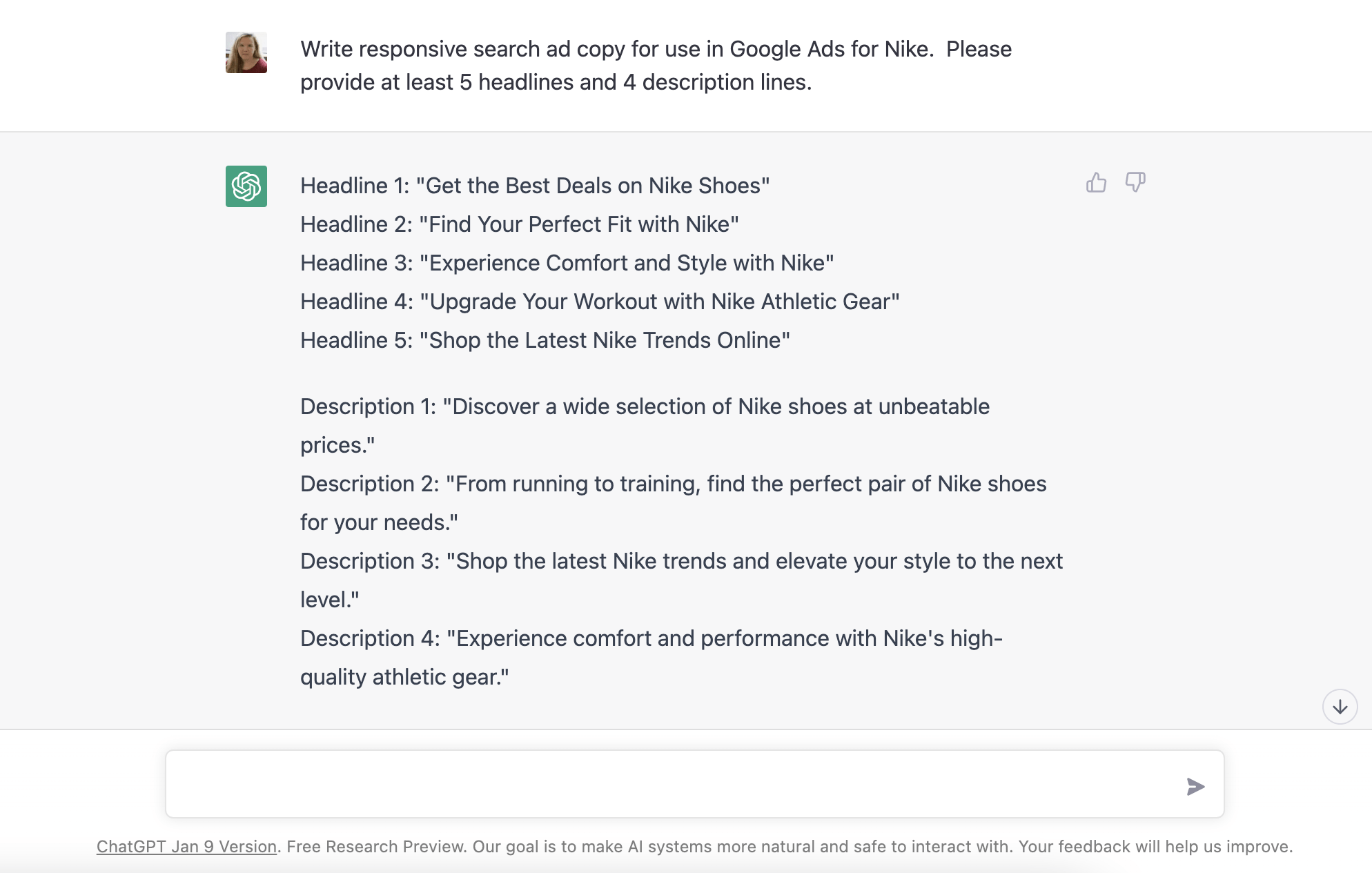 Nike용 RSA 사본 작성 쿼리에 응답하는 ChatGPT의 예